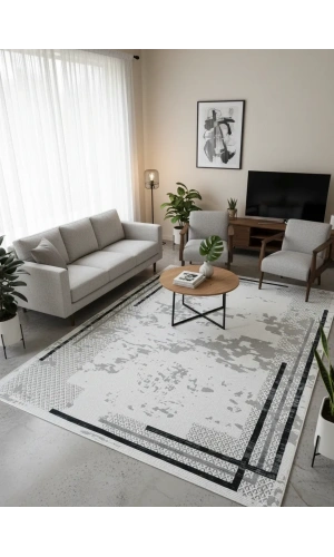 Asar Yün Moda H6422 Beyaz Geometrik Çizgili Bohem Halı 200x290