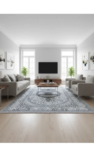 Çapan Armoni H7280A Gri Klasik Madalyonlu Halı 200x290