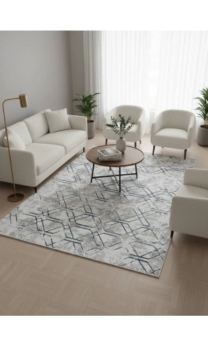 Çapan Armoni H5687B Lacivert Beyaz Geometrik Desenli Halı 200x290