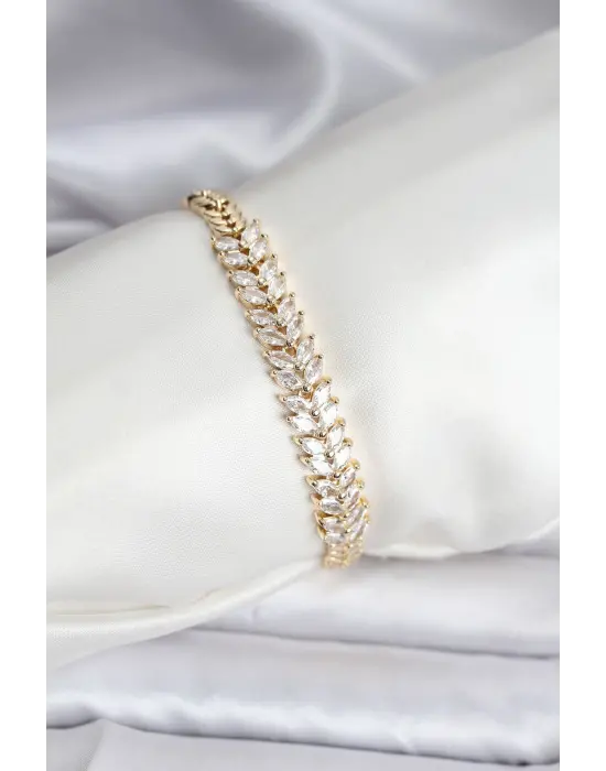 14K Gold Renk Kaplama Başak Model Zirkon Taşlı CM Kadın Bileklik