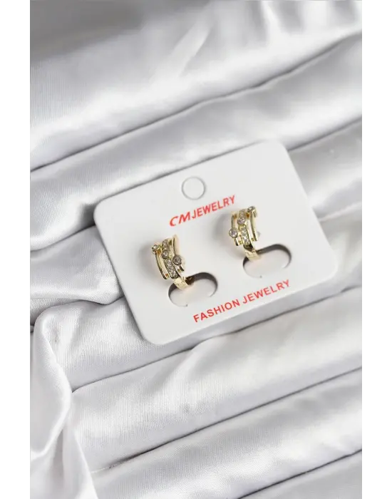 14K Gold Renk Kaplama Yarım Halka Zirkon Taşlı CM Kadın Küpe