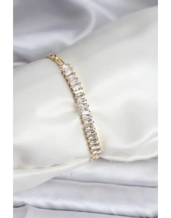 14K Gold Renk Kaplama Zirkon Taşlı Baget Model CM Kadın Bileklik