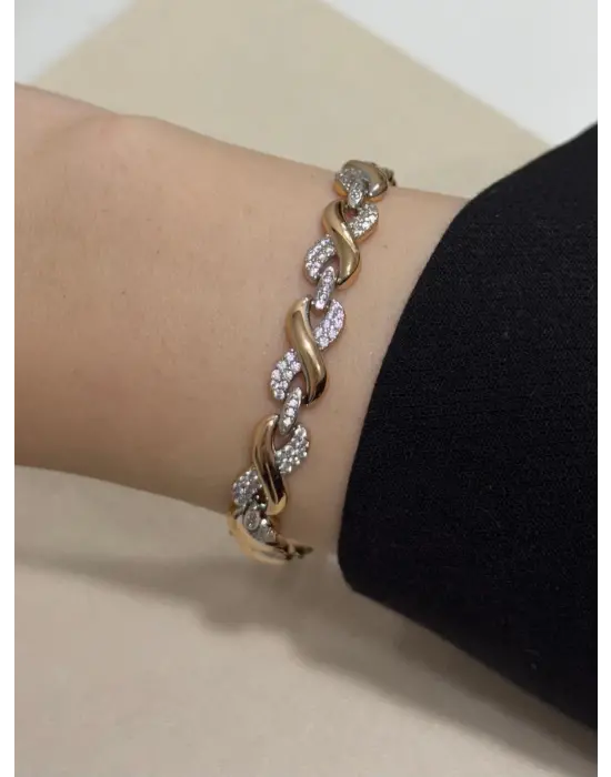 14K Gurmet Bileklik Çift Renk İnce Taşlı