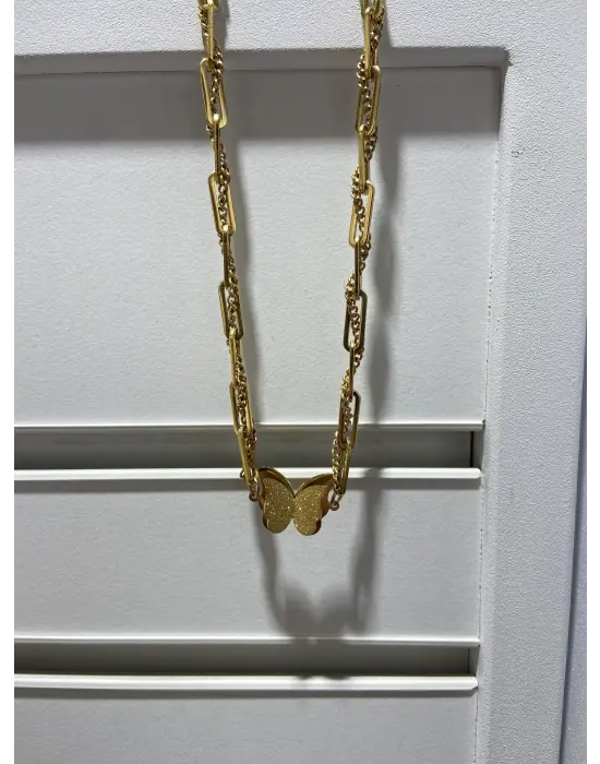 Çift 2 Zincirli Gold Renk Taşsız Kelebek Motifli Sarkıtmalı Uzun Kolye