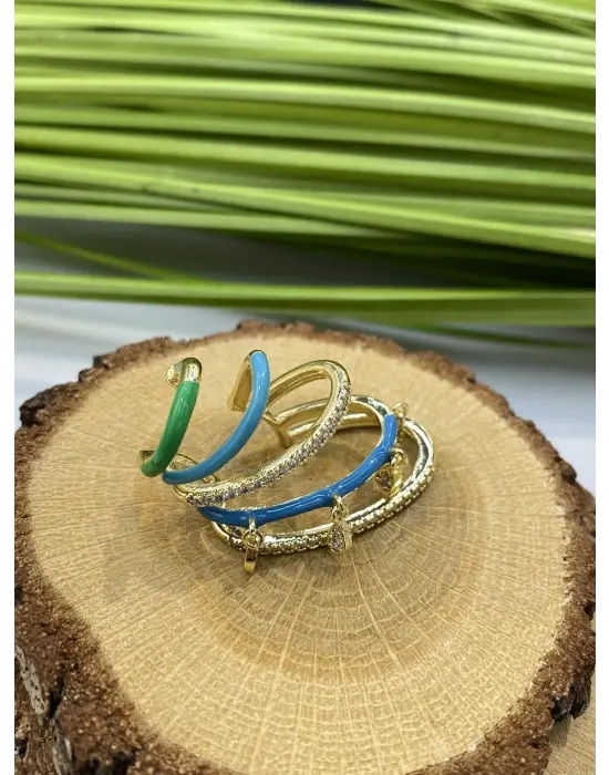 Taşlı Mavi - Yeşil Sıkıştırmalı Kıkırdak Küpe Earcuff