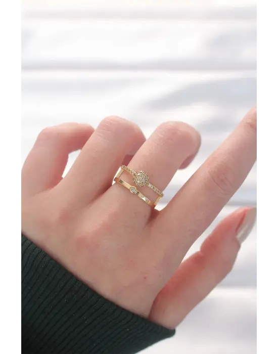 2li Görünümlü Topçuk Model Altın Ayarlanabilir Yüzük