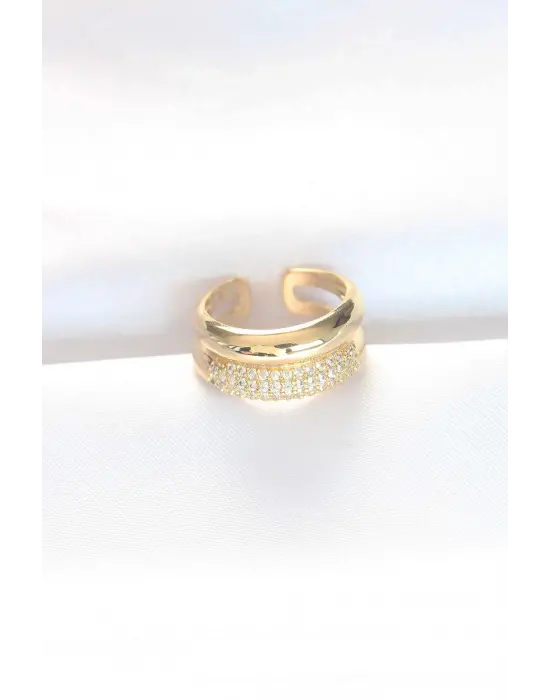 2li Görünümlü Zirkon Taşlı Altın Ayarlanabilir Bombe Yüzük