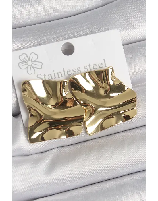 316 Çelik Gold Renk Dalgalı Plaka Kare Model Kadın Küpe