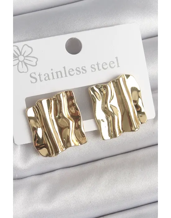 316 Çelik Gold Renk Dalgalı Plaka Model Kadın Küpe