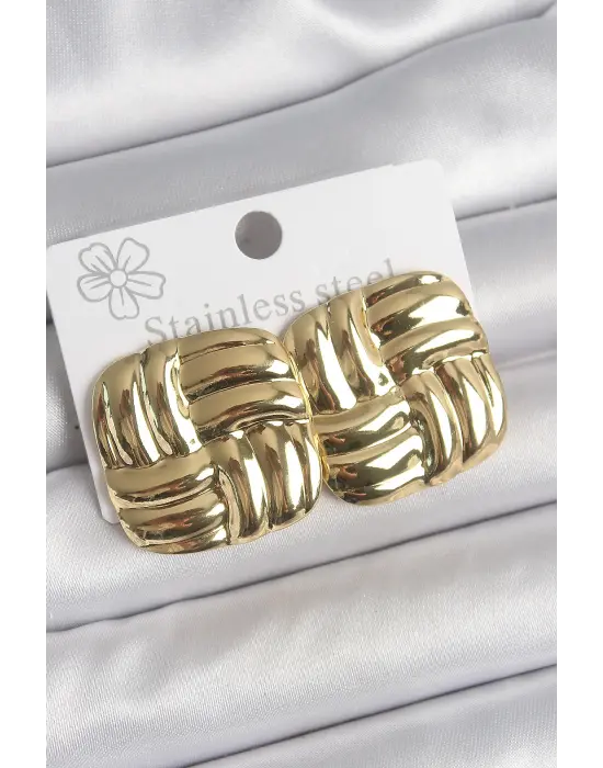 316 Çelik Gold Renk İşlemeli Kare Plaka Model Kadın Küpe