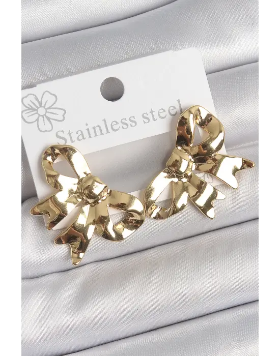 316 Çelik Gold Renk Kurdele Plaka Model Kadın Küpe