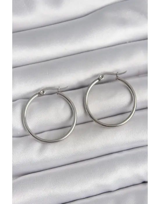 316 Çelik Gümüş Renk 27 mm Halka Model Kadın Küpe