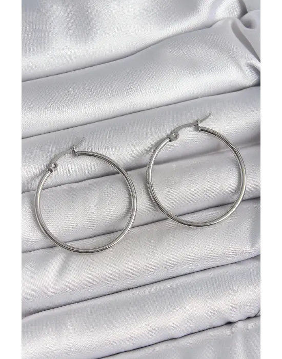 316 Çelik Gümüş Renk 33 mm Halka Model Kadın Küpe