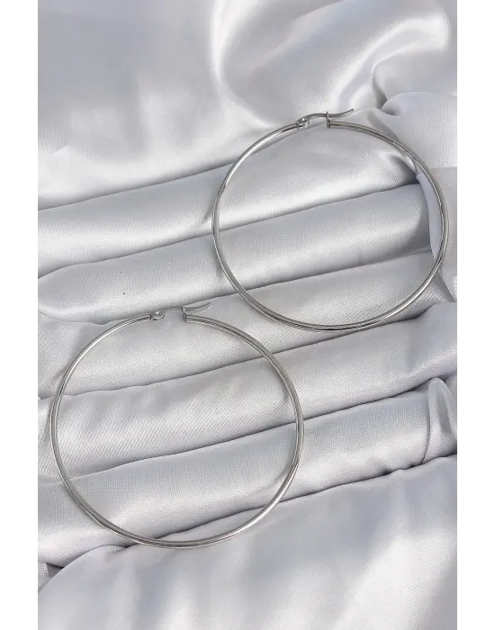 316 Çelik Gümüş Renk 63 mm Halka Model Kadın Küpe