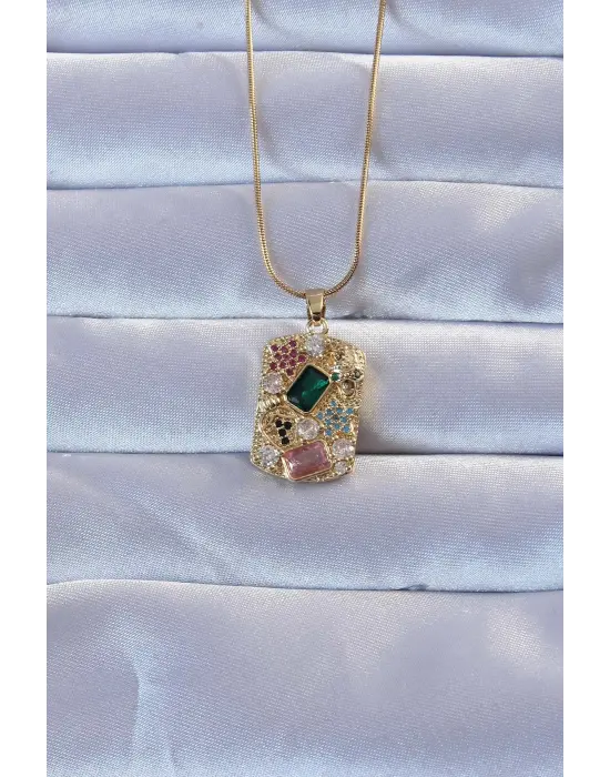 316L Altın  Çok li Zirkon Taşlı Vintage Çelik Kolye