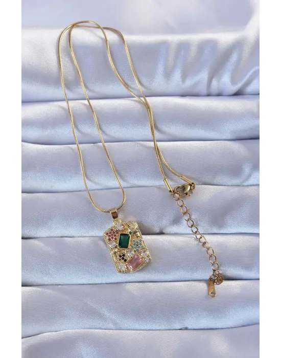 316L Altın  Çok li Zirkon Taşlı Vintage Çelik Kolye