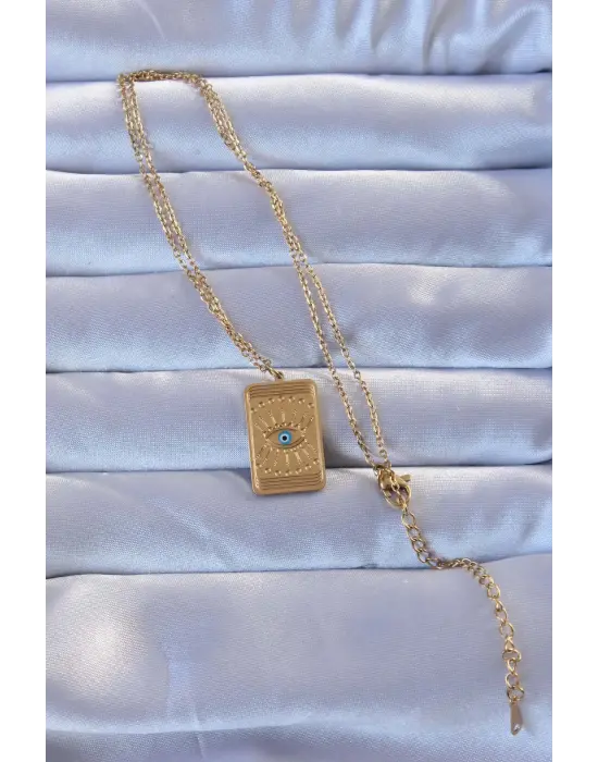 316L Altın  İşlemeli Nazarlı Göz Model Vintage Çelik Kolye