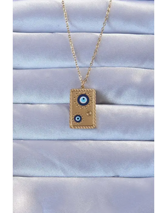 316L Altın  İşlemeli Nazarlı Vintage Çelik Kolye