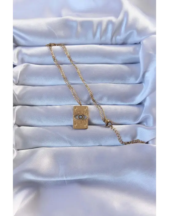 316L Altın  İşlemeli Nazarlı Vintage Çelik Kolye