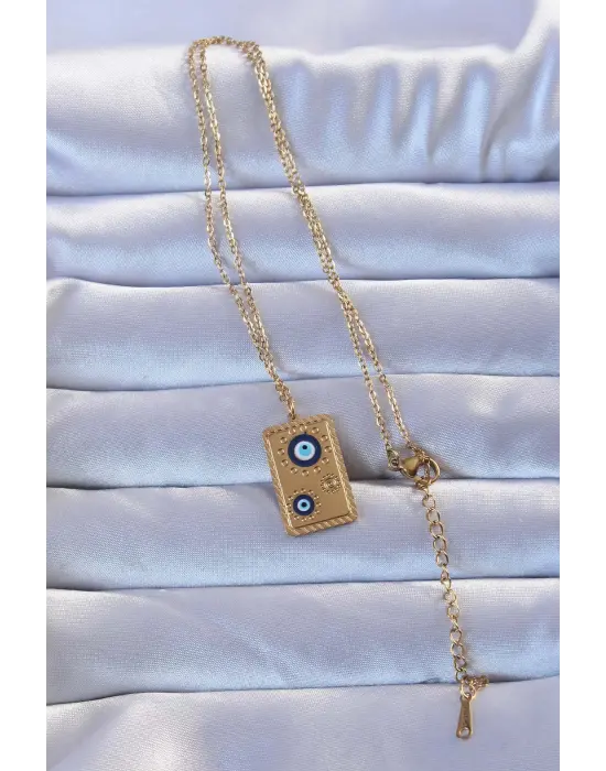 316L Altın  İşlemeli Nazarlı Vintage Çelik Kolye