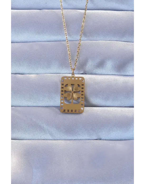 316L Altın  İşlemeli Yonca Model Vintage Çelik Kolye