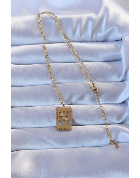 316L Altın  İşlemeli Yonca Model Vintage Çelik Kolye