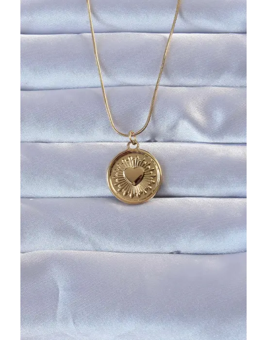 316L Altın  Parlayan Güneş Tasarımlı Oval Vintage Çelik Kolye