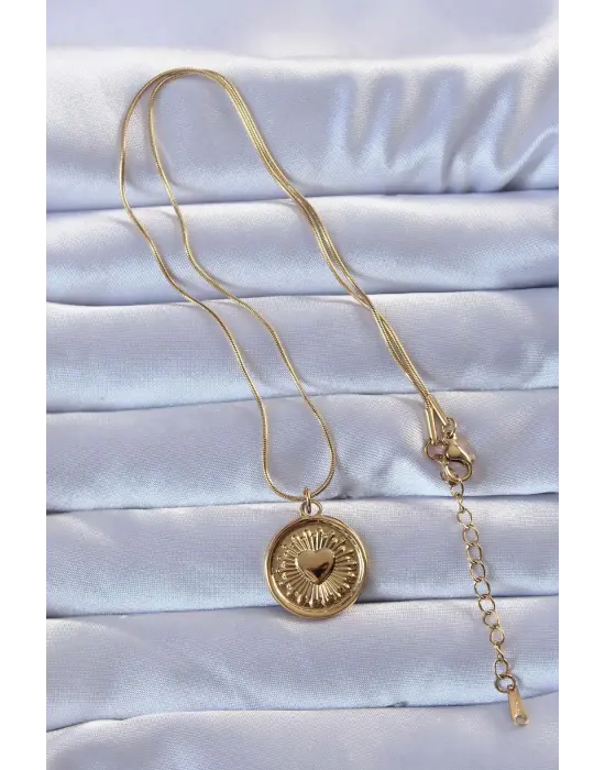 316L Altın  Parlayan Güneş Tasarımlı Oval Vintage Çelik Kolye