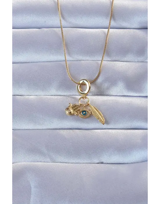 316L Altın  Zirkon Taşlı Fatma Ana Eli Yapraklı Çelik Kolye