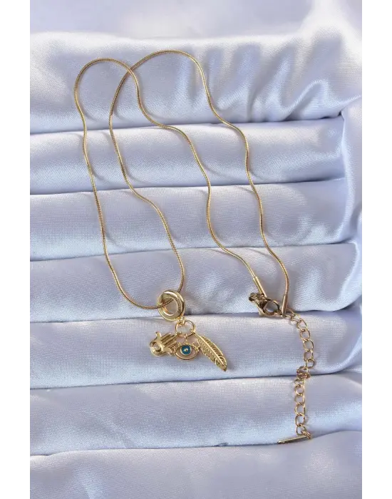 316L Altın  Zirkon Taşlı Fatma Ana Eli Yapraklı Çelik Kolye