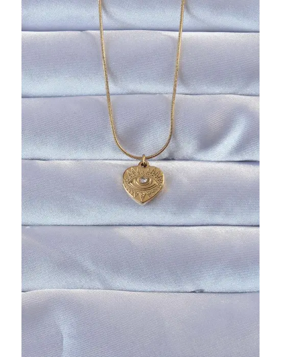 316L Altın  Zirkon Taşlı İşlemeli Göz Detay Kalp Çelik Kolye