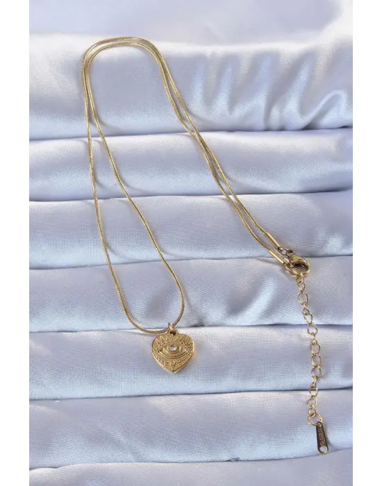 316L Altın  Zirkon Taşlı İşlemeli Göz Detay Kalp Çelik Kolye