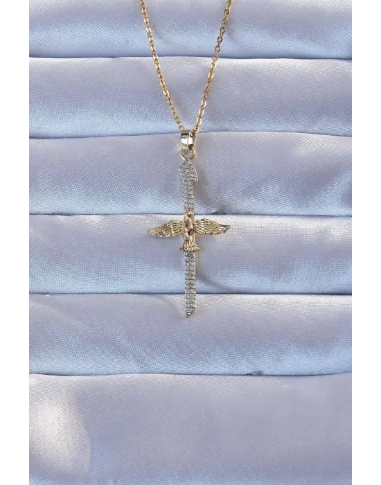 316L Altın  Zirkon Taşlı Kılıç Model Anka Kuşu Çelik Kolye