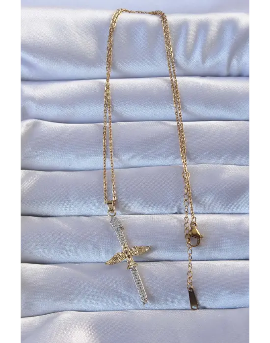 316L Altın  Zirkon Taşlı Kılıç Model Anka Kuşu Çelik Kolye