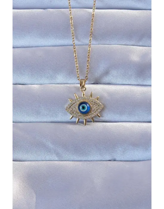 316L Altın  Zirkon Taşlı Nazarlı Göz Çelik Kolye