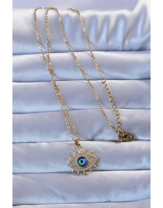 316L Altın  Zirkon Taşlı Nazarlı Göz Çelik Kolye