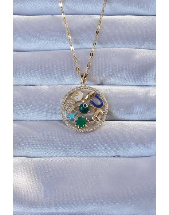 316L Altın  Zirkon Taşlı Şans Çelik Kolye