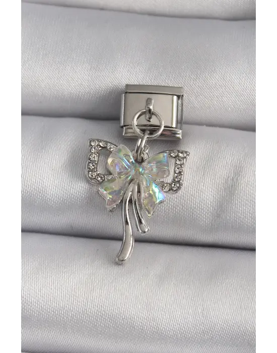 316L Çeik Gümüş Renk Sallantı Zirkon Taşı Fiyonk Model Nomination Charm