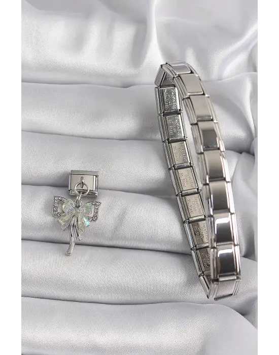 316L Çeik Gümüş Renk Sallantı Zirkon Taşı Fiyonk Model Nomination Charm