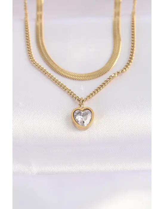  2li Zincir Altın  Zirkon Taşlı Minimal Kalp Çelik Kolye