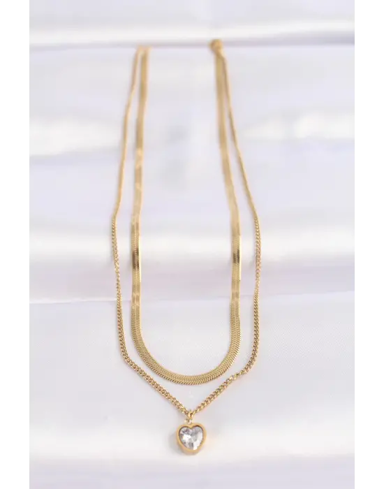  2li Zincir Altın  Zirkon Taşlı Minimal Kalp Çelik Kolye