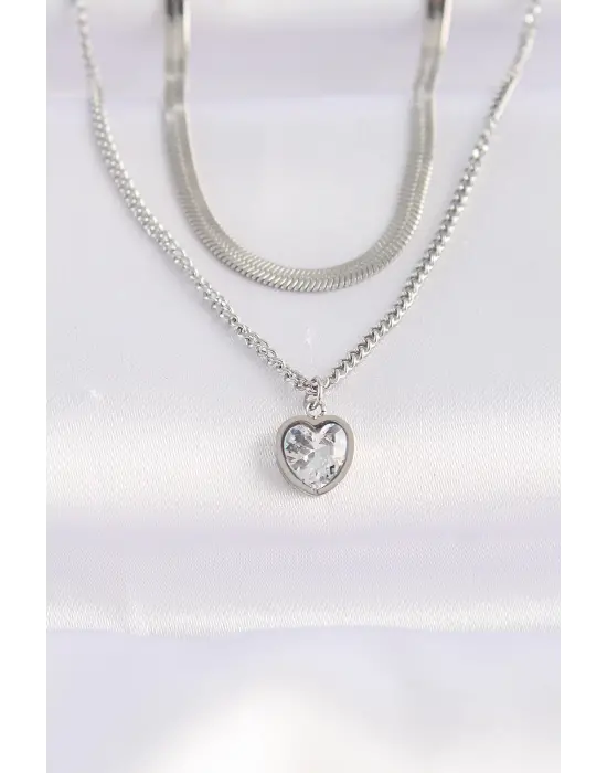  2li Zincir Gümüş  Zirkon Taşlı Minimal Kalp Çelik Kolye