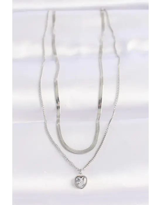  2li Zincir Gümüş  Zirkon Taşlı Minimal Kalp Çelik Kolye