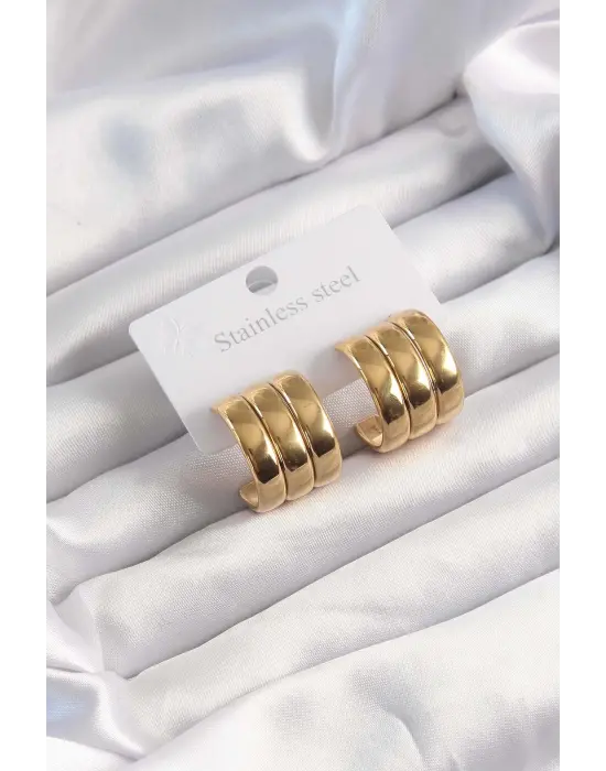   Altın Renk 3lü Görünüm Bombe Model Yarım Halka Küpe