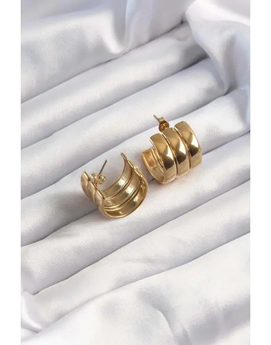   Altın Renk 3lü Görünüm Bombe Model Yarım Halka Küpe