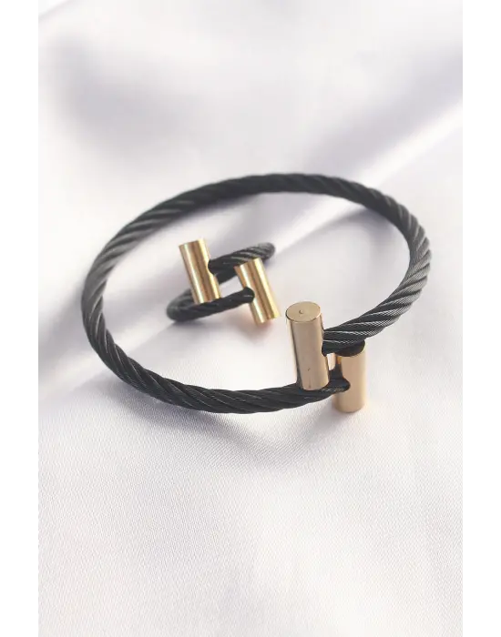 316L Çelik Altın Renk Aksesuarlı Siyah Burgu Model Bileklik ve Yüzük Kombini