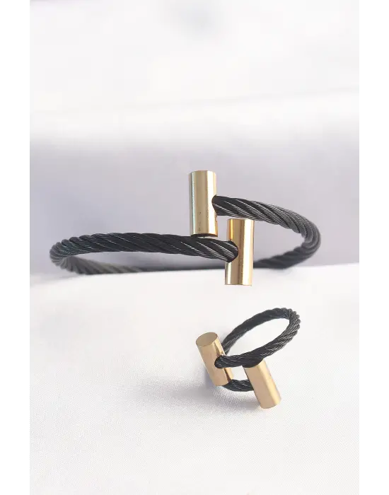 316L Çelik Altın Renk Aksesuarlı Siyah Burgu Model Bileklik ve Yüzük Kombini