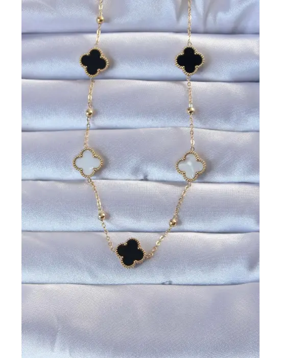  Altın  Çift li Mineli Yonca Çelik Kolye