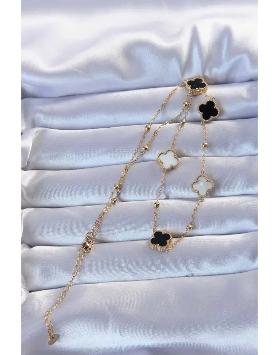  Altın  Çift li Mineli Yonca Çelik Kolye