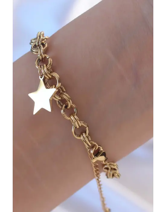 316L Çelik Altın Renk Halka Zincirli Kalp ve Yıldız Bileklik